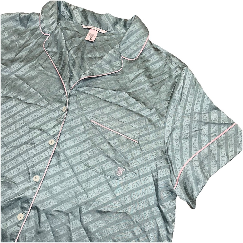 Y2K 2000s Victoria's Secret Green Satin Button Short Sleeve Pajama Top Women's M